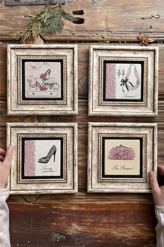 Framed Stone Painting Wall Decoration 8" x 8" Set of 4