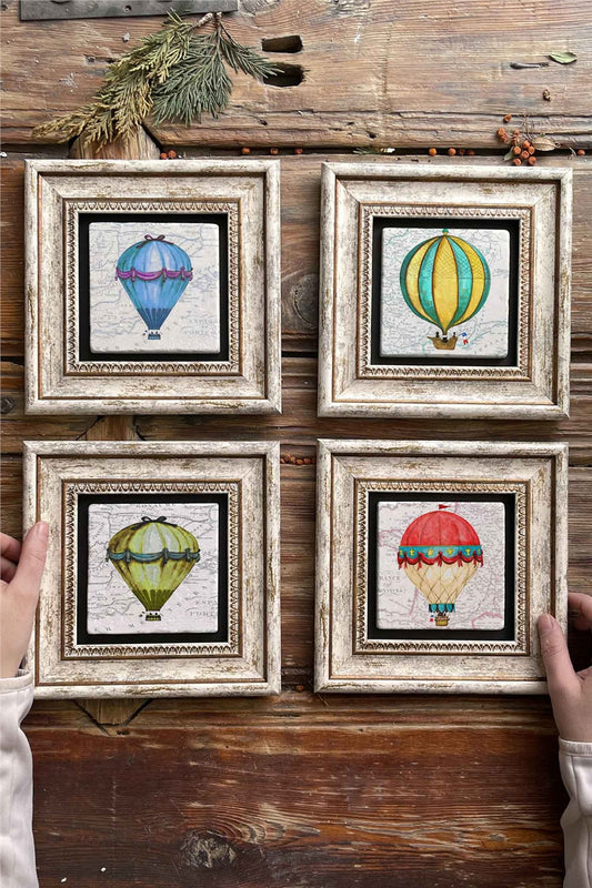 Framed Stone Painting Wall Decoration 8" x 8" Set of 4 Balloon Set Baloon Set