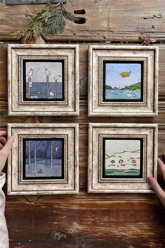 Framed Stone Painting Wall Decoration 8" x 8" Set of 4 Marine Set