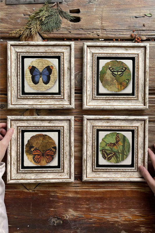 Framed Stone Painting Wall Decoration 8" x 8" Set of 4 Butterfly Butterfly Set
