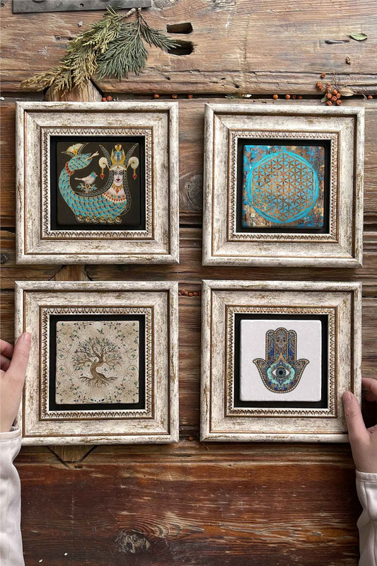 Framed Stone Painting 8" x 8" Set of 4(1213-1090-540-114)Şahmeran Life Tree of Life