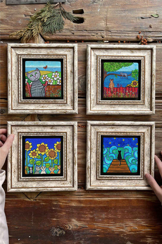 Framed Stone Painting Wall Decoration 8" x 8" Set of 4 Cat