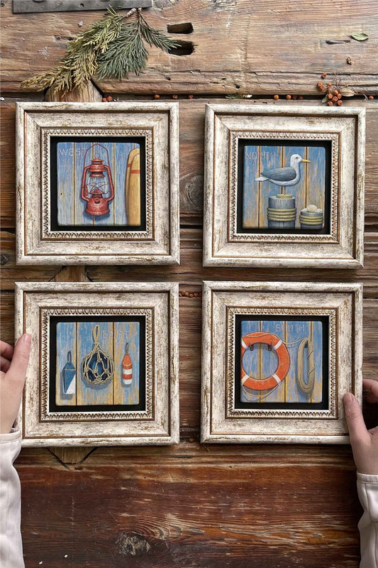 Framed Stone Painting Wall Decoration 8" x 8" Set of 4 Sailor Set Seagull Gas Lamp