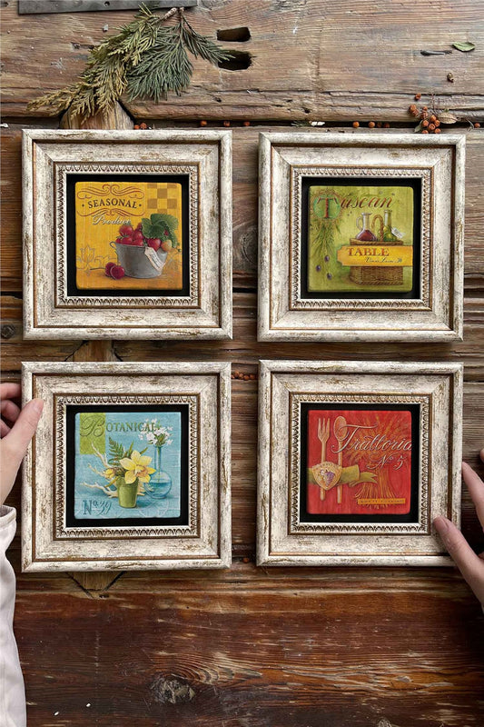 Framed Stone Painting Wall Decoration 8" x 8" Set of 4 Tuscan Oil Paintings Kitchen