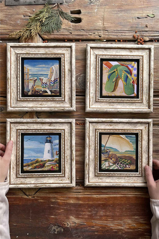 Framed Stone Painting Wall Decoration 8" x 8" Set of 4 Summer Holiday Sunbed Slippers Set