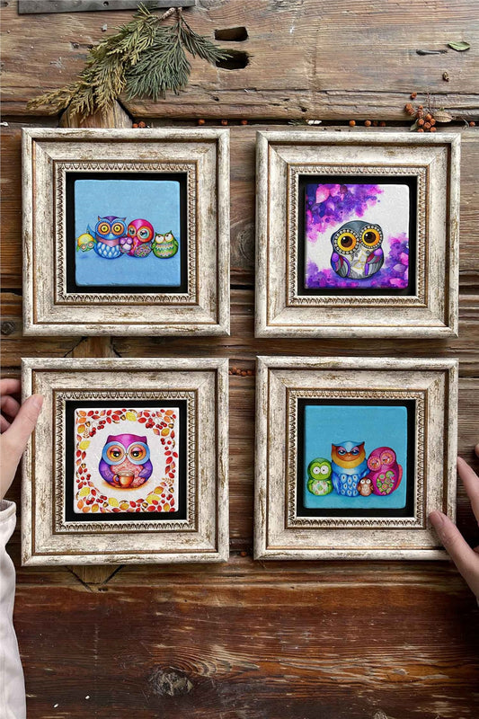 Framed Stone Painting Wall Decoration 8" x 8" Set of 4 Owl Set