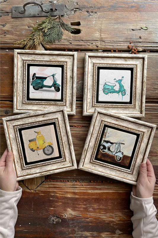 Framed Stone Painting Wall Decoration 8" x 8" Set of 4 Vespa Set