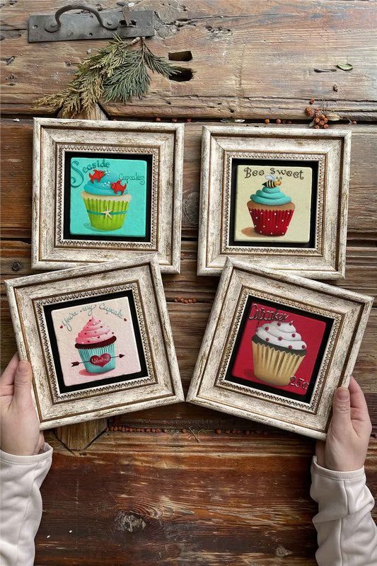 Framed Stone Painting Wall Decoration 8" x 8" Set of 4