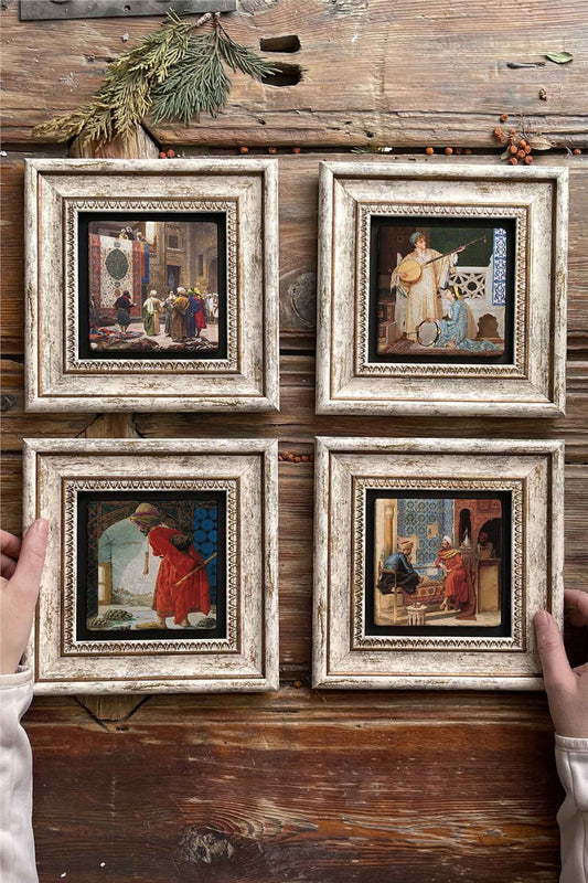 Framed Stone Painting Wall Decoration 8" x 8" Set of 4 Osman Hamdi Paintings