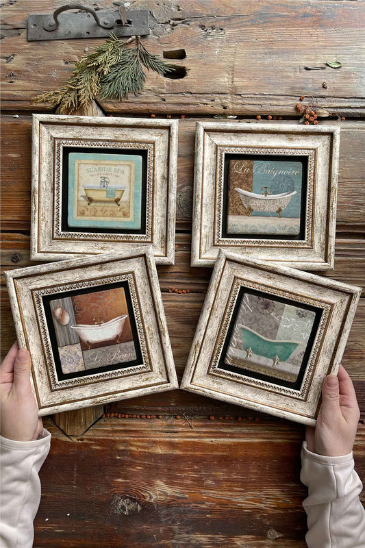 Framed Stone Painting Wall Decoration 8" x 8" Set of 4 Old Bathroom Bathtub