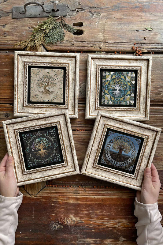 Framed Stone Painting Wall Decoration 8" x 8" Set of 4 Tree of Life Set
