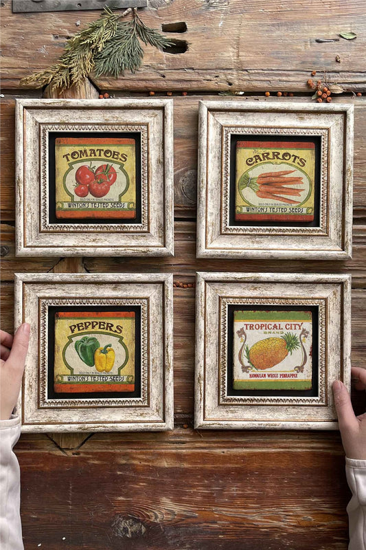 Framed Stone Painting Wall Decoration 8" x 8" Set of 4 Kitchen Paintings