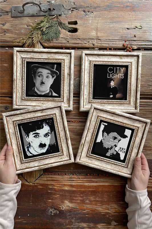 Framed Stone Painting Wall Decoration 8" x 8" Set of 4 Charlie Chaplin Set