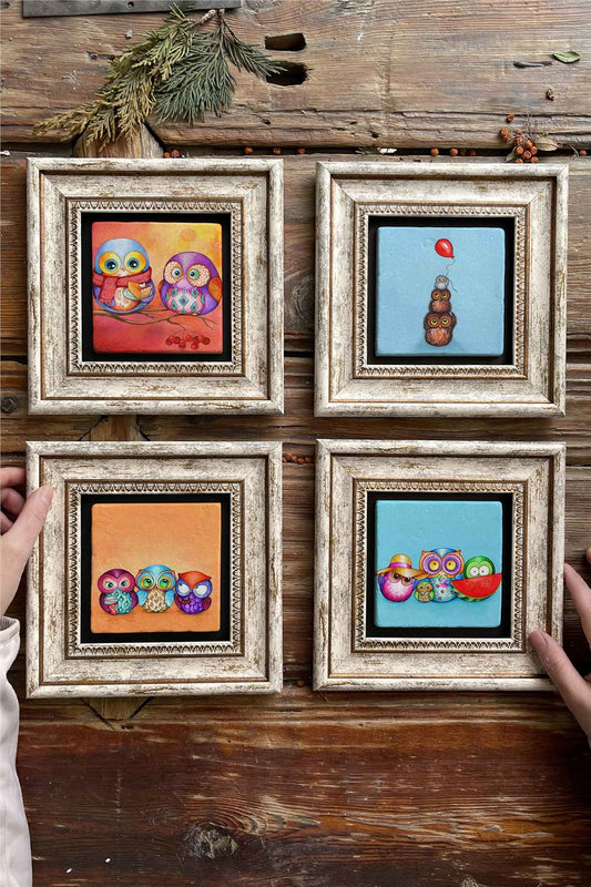 Framed Stone Painting Wall Decoration 8" x 8" Set of 4 Owl Set
