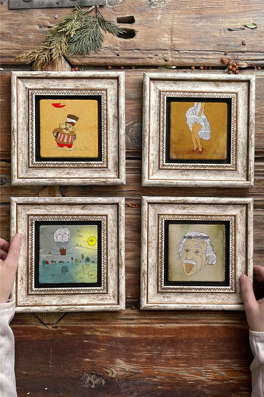 Framed Stone Painting Wall Decoration 8" x 8" Set of 4 Einsten Marilyn Balloon Ottoman