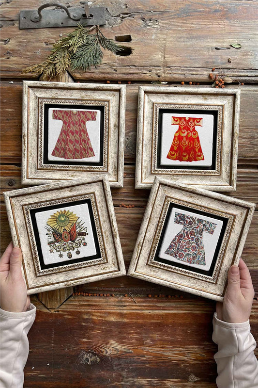 Framed Stone Painting Wall Decoration 8" x 8" Set of 4 Kaftan Ottoman Set