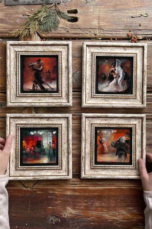 Framed Stone Painting Wall Decoration 8" x 8" Set of 4