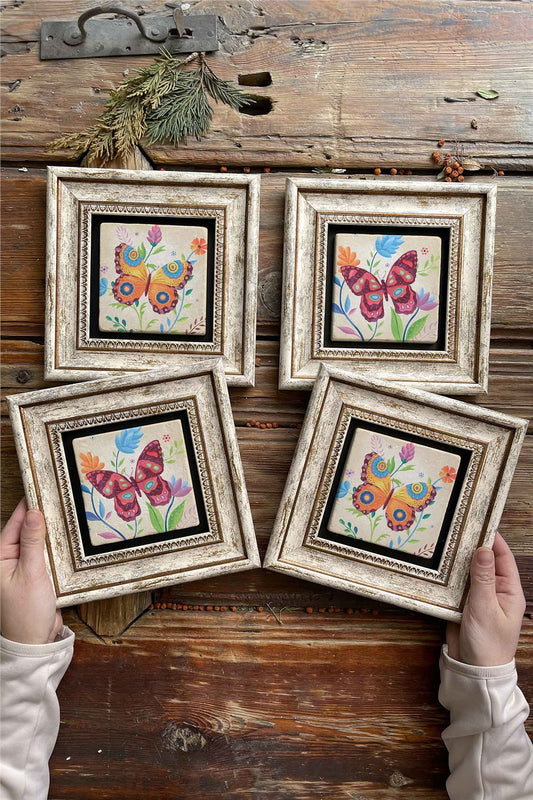 Framed Stone Painting Wall Decoration 8" x 8" Set of 4 Butterfly Butterfly Set