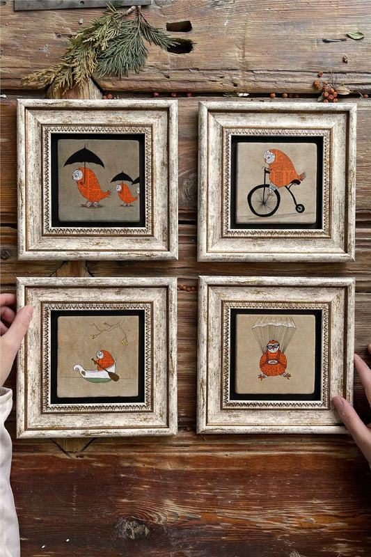 Framed Stone Painting Wall Decoration 8" x 8" Set of 4 Owl Set