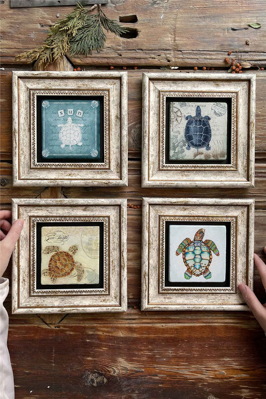 Framed Stone Painting Wall Decoration 8" x 8" Set of 4 Turtle Set