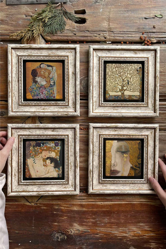 Framed Stone Painting Wall Decoration 8" x 8" Set of 4 Gustav Klimt Paintings