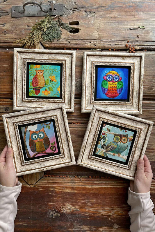 Framed Stone Painting Wall Decoration 8" x 8" Set of 4
