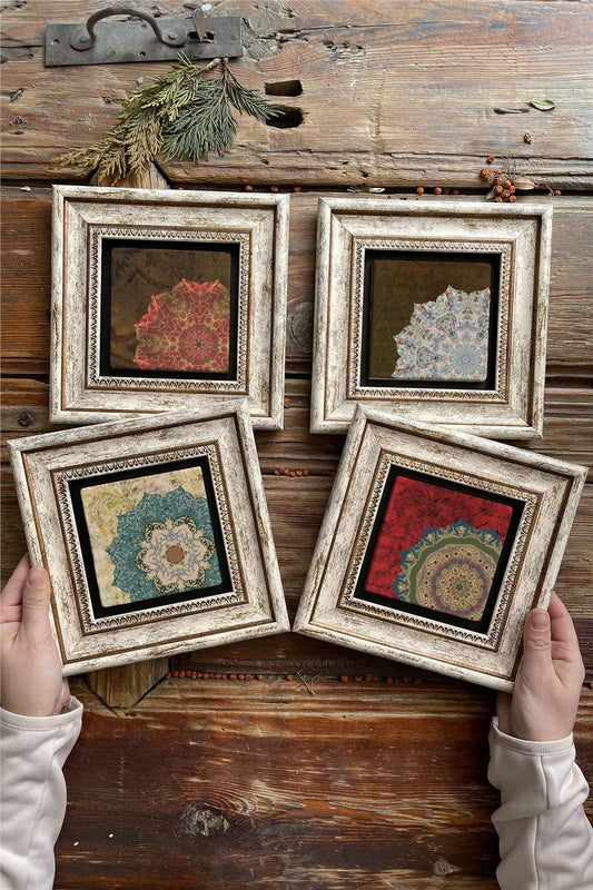 Framed Stone Painting Wall Decoration 8" x 8" Set of 4 Embroidery Pattern Paintings