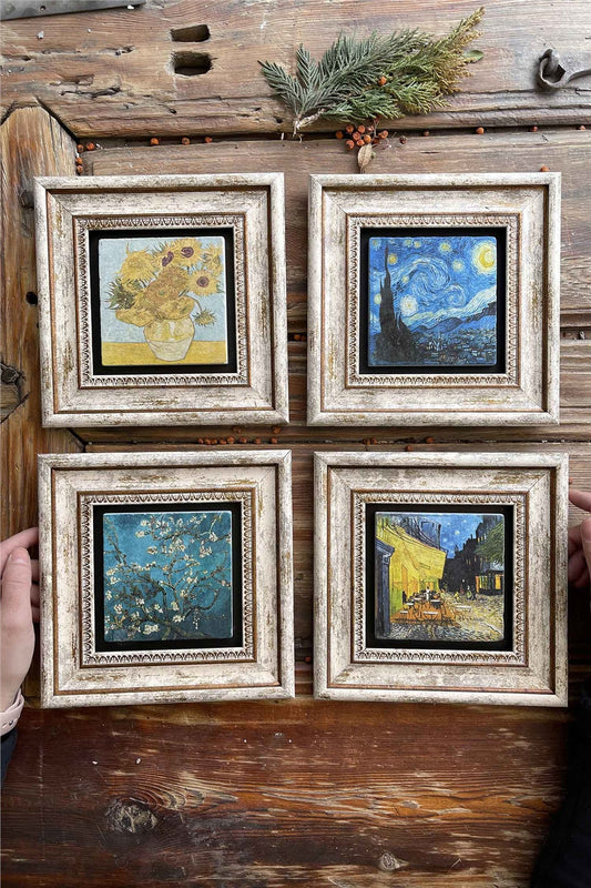 Framed Stone Painting 8" x 8" Set of 4 (1530-1526-1122-1528) Flower Pot Yıldız Almond Cafe