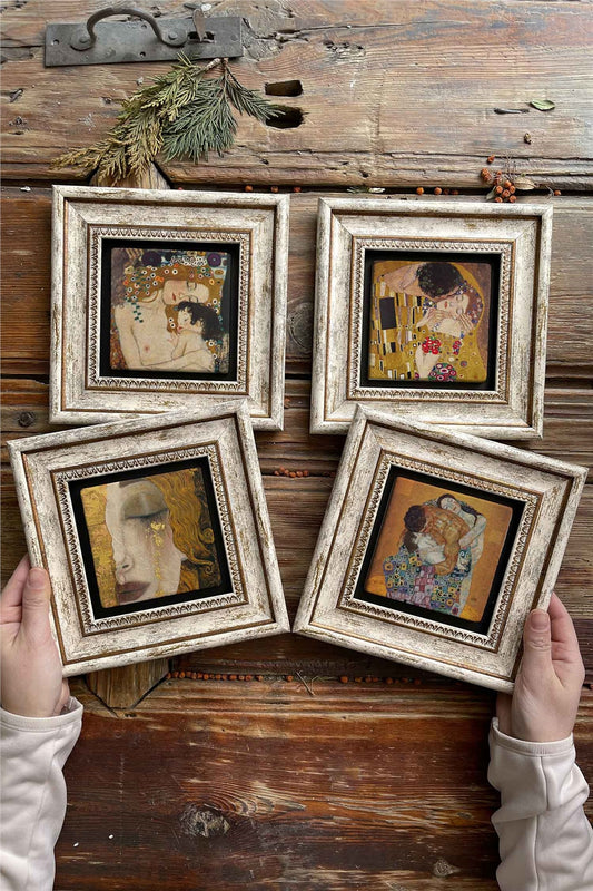 Framed Stone Painting Wall Decoration 8" x 8" Set of 4 Gustav Klimt Paintings