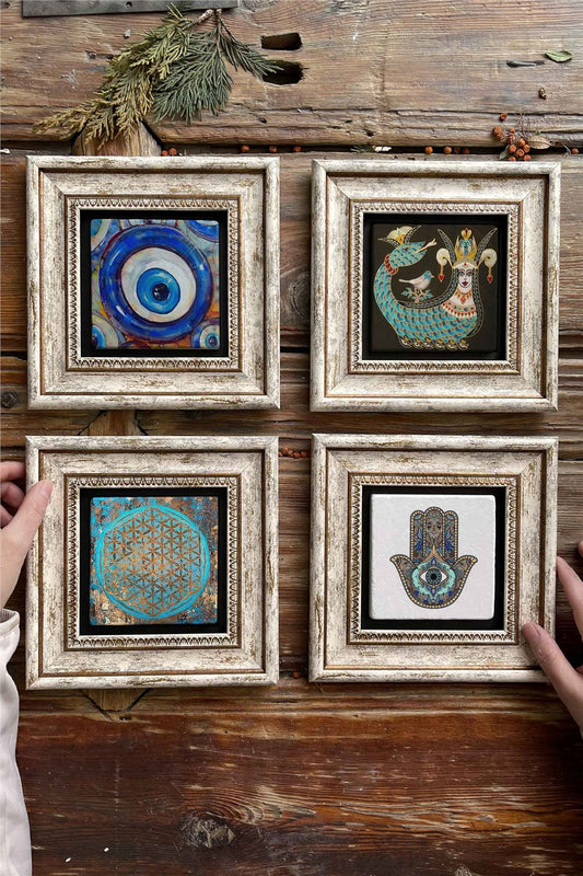 Framed Stone Painting 8" x 8" Set of 4(1481-1213-1090-114)Nazar Şahmeran Fatma Ana