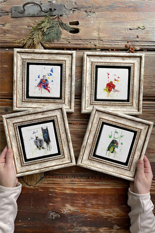 Framed Stone Painting Wall Decoration 8" x 8" Set of 4 Hero Set Batman Superman