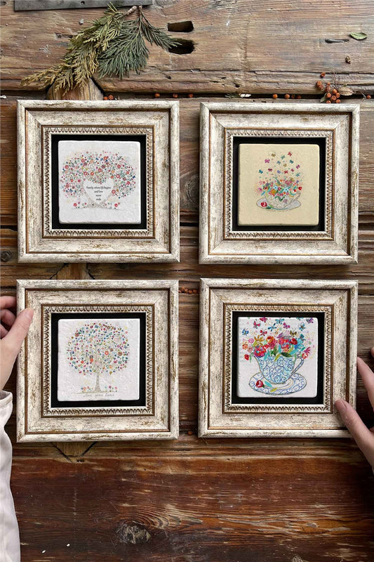Framed Stone Painting Wall Decoration 8" x 8" Set of 4