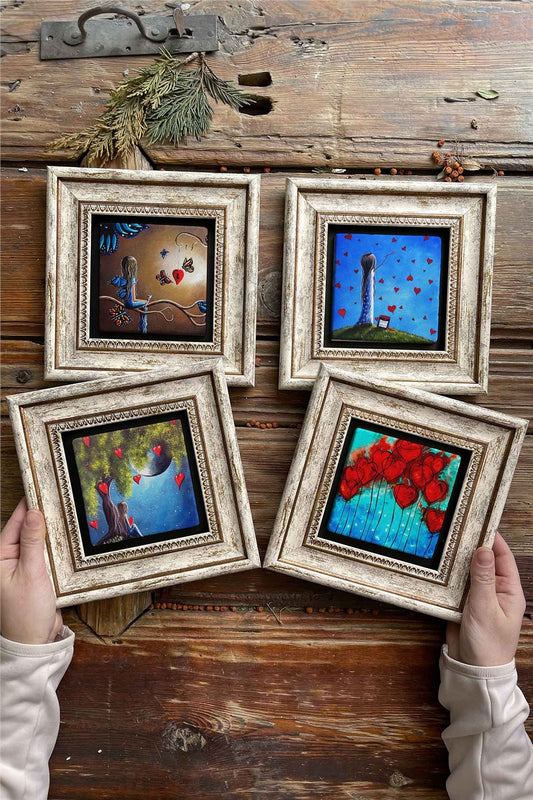 Framed Stone Painting Wall Decoration 8" x 8" Set of 4