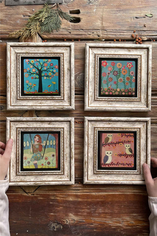 Framed Stone Painting Wall Decoration 8" x 8" Set of 4