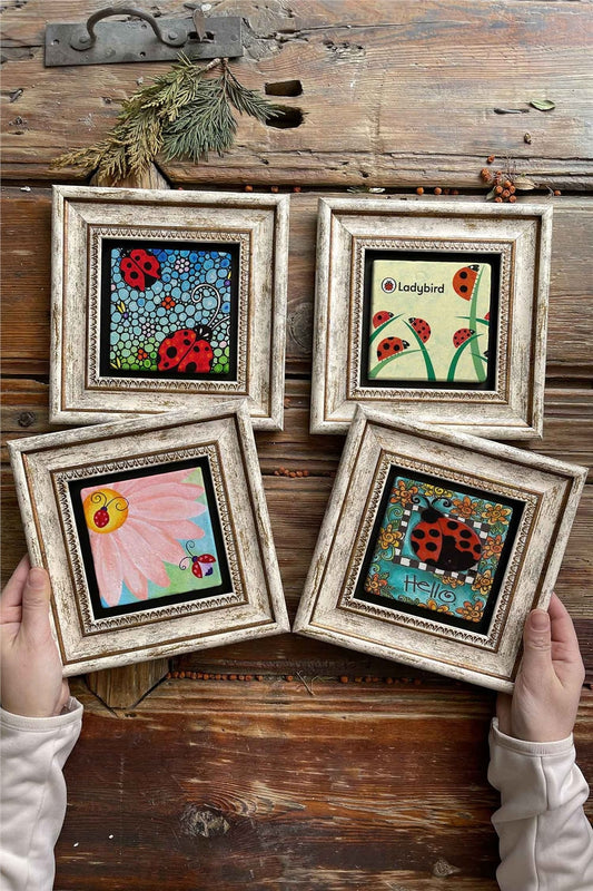 Framed Stone Painting Wall Decoration 8" x 8" Set of 4