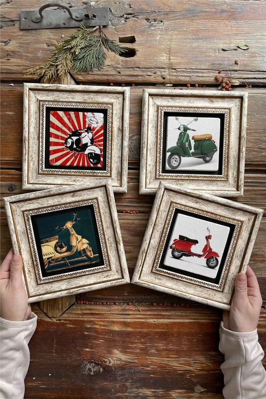 Framed Stone Painting Wall Decoration 8" x 8" Set of 4 Vespa Set