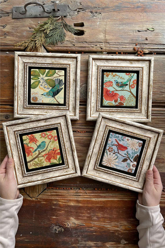 Framed Stone Painting Wall Decoration 8" x 8" Set of 4 Bird Set