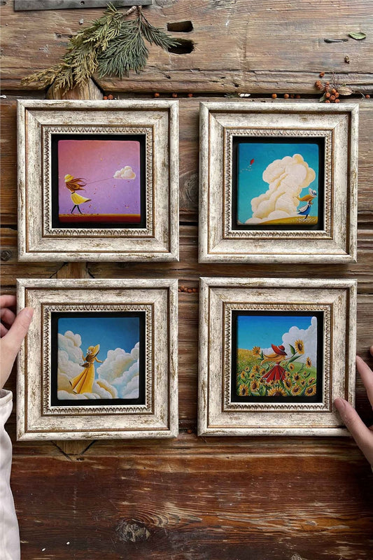 Framed Stone Painting Wall Decoration 8" x 8" Set of 4