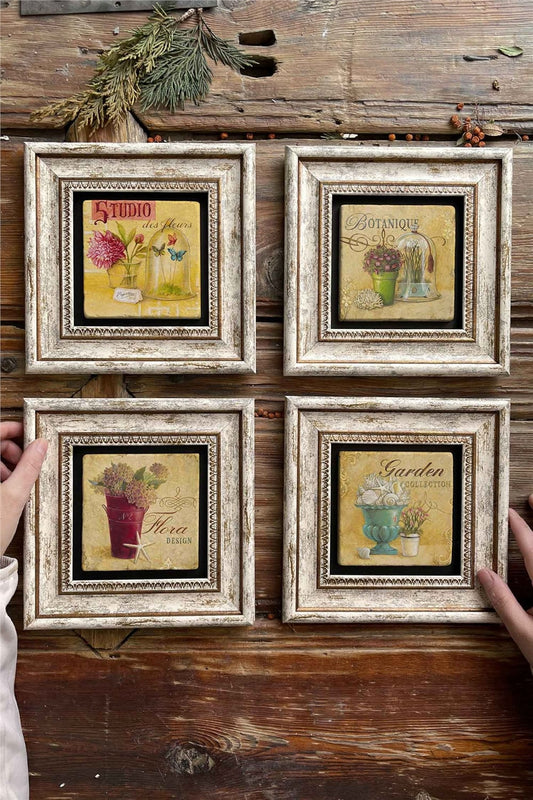 Framed Stone Painting Wall Decoration 8" x 8" Set of 4