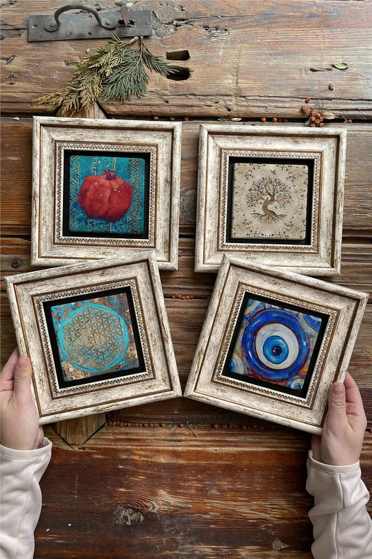 Framed Stone Painting Wall Decoration 8" x 8" Set of 4 Pomegranate Evil Eye Tree of Life
