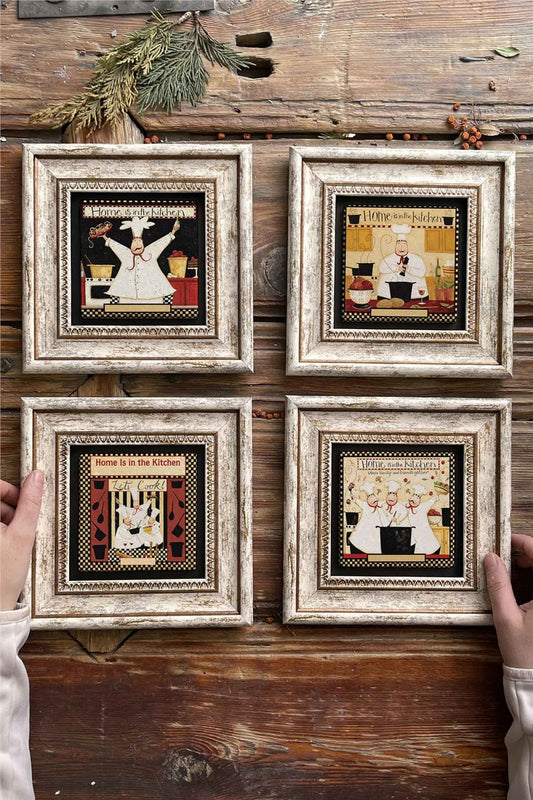 Framed Stone Painting Wall Decoration 8" x 8" Set of 4 Chef Kitchen Paintings