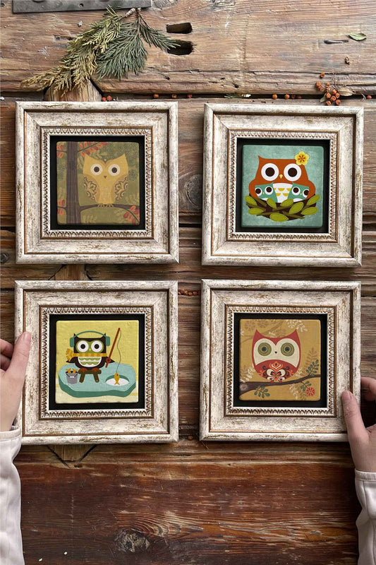 Framed Stone Painting Wall Decoration 8" x 8" Set of 4 Owl Set