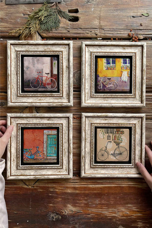 Framed Stone Painting Wall Decoration 8" x 8" Set of 4 Bicycle Set