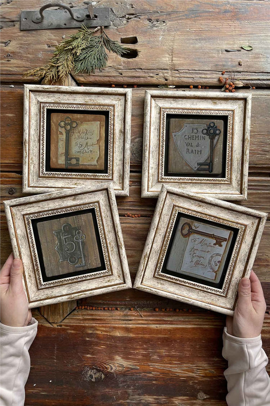 Framed Stone Painting Wall Decoration 8" x 8" Set of 4 Key Set