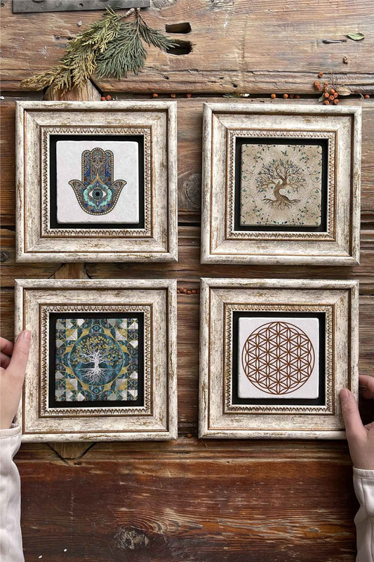 Framed Stone Painting Wall Decoration 8" x 8" Set of 4 Fatma Mother Tree of Life