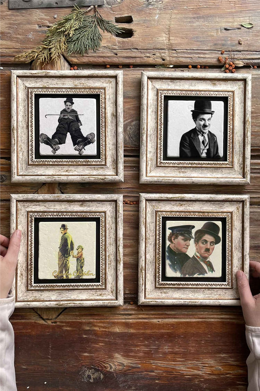 Framed Stone Painting Wall Decoration 8" x 8" Set of 4 Charlie Chaplin Set