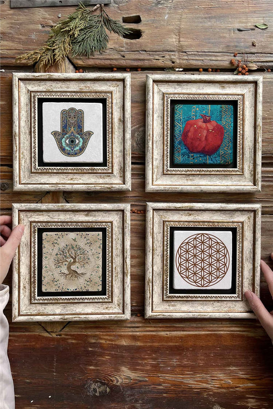 Framed Stone Painting Wall Decoration 8" x 8" Set of 4 Fatma Ana Pomegranate Flower of Life