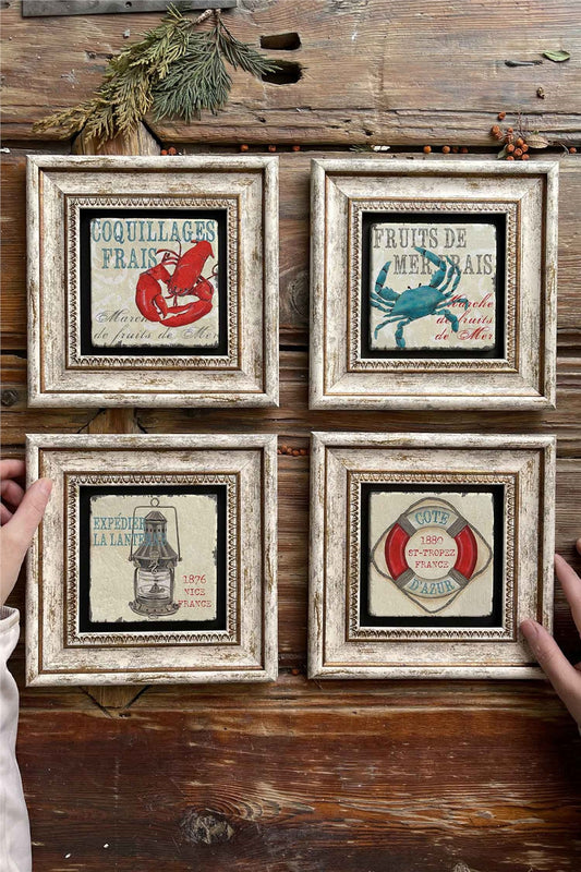Framed Stone Painting Wall Decoration 8" x 8" Set of 4 Sea Set