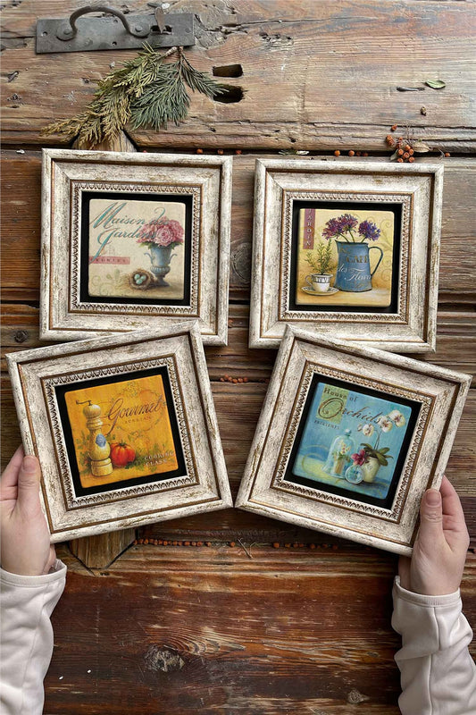 Framed Stone Painting Wall Decoration 8" x 8" Set of 4