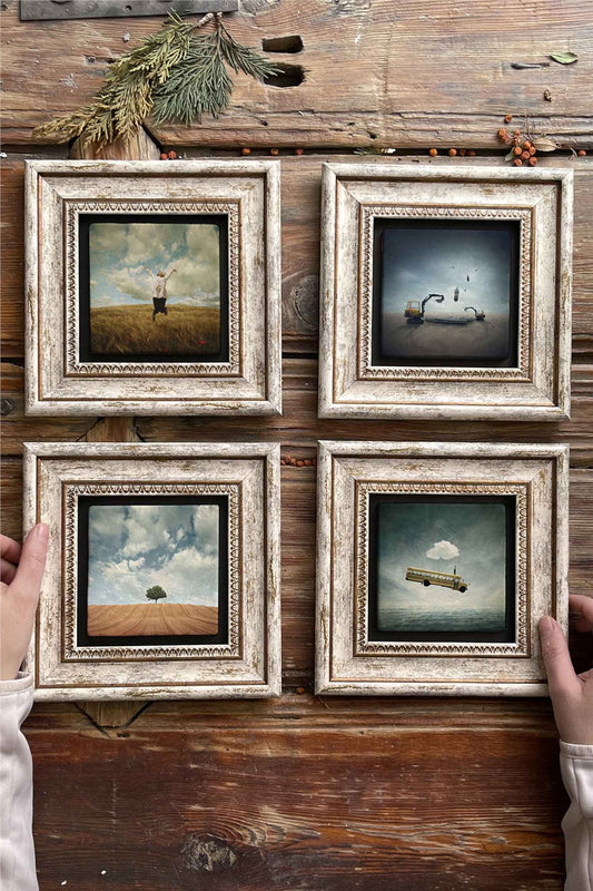 Framed Stone Painting Wall Decoration 8" x 8" Set of 4 Paintings
